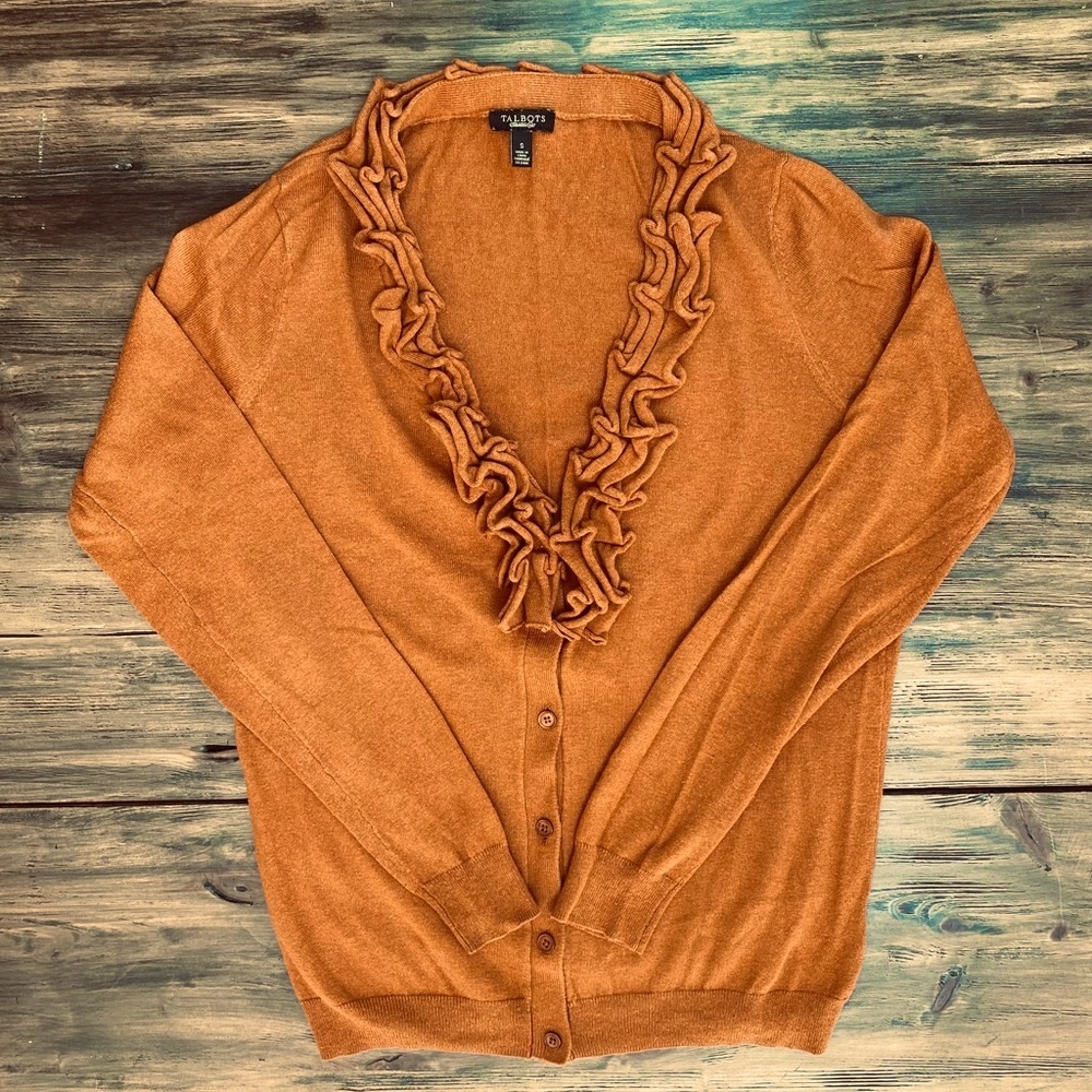 Talbots V-neck Ruffled Collar Sweater Cardigan